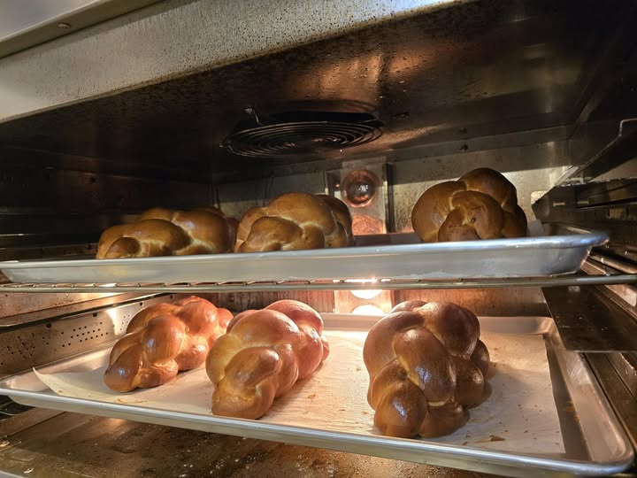 Fresh knotted rolls baking in the oven at Asheville Forager
